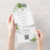 Groen Bloemen QR Code Elegant Monogram Huwelijk All In One Uitnodiging (Afscheurbaar)