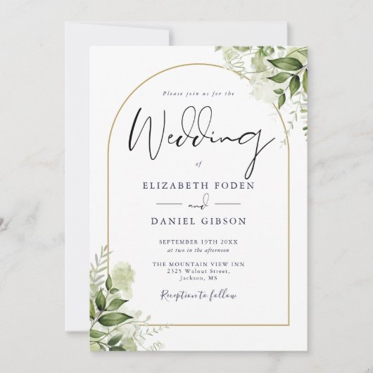 Groen Bloemen QR Code Gouden Boog Trouwen Kaart (Voorkant)