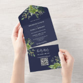 Groen Bloemen QR Code Moderne Marine Blauw Huwelij All In One Uitnodiging (Afscheurbaar)