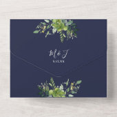 Groen Bloemen QR Code Moderne Marine Blauw Huwelij All In One Uitnodiging (Achterkant)