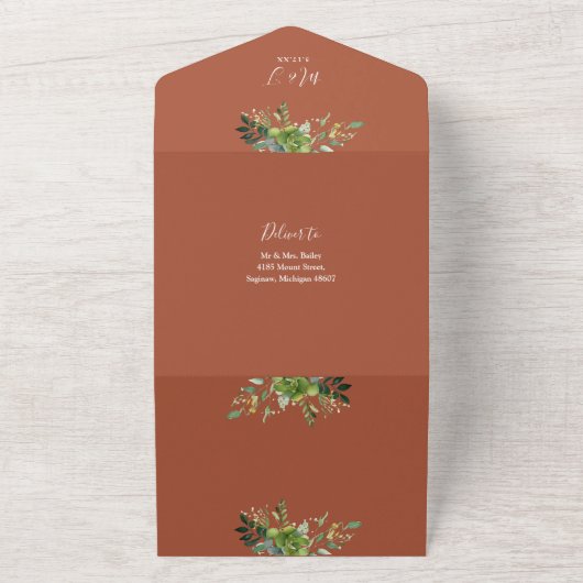 Groen Bloemen QR Code Moderne Terracotta bruiloft All In One Uitnodiging (Buitenkant)