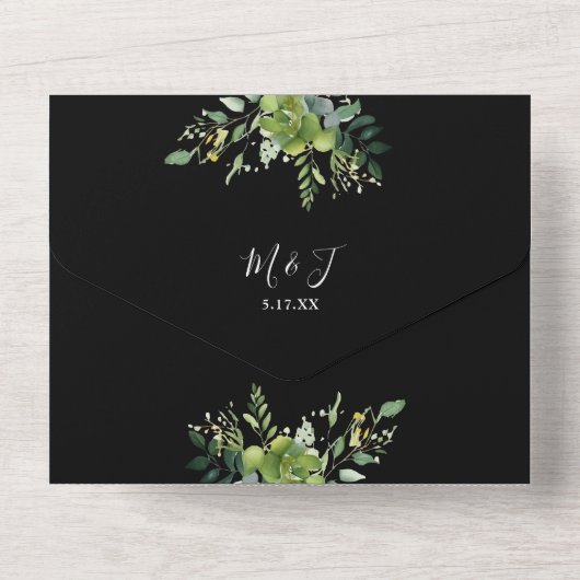 Groen Bloemen QR Code Zwart-wit bruiloft All In One Uitnodiging (Achterkant)