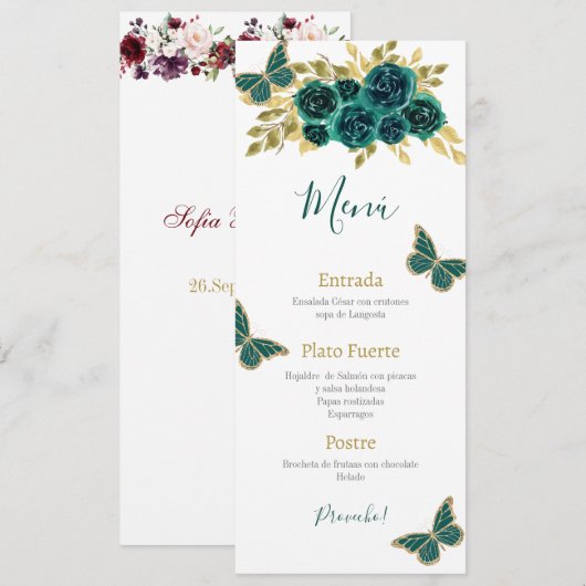 Groen Bloemen Quinceañera Menu (Voorkant / Achterkant)