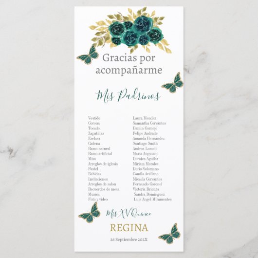 Groen Bloemen Quinceañera Programmakaart (Achterkant)