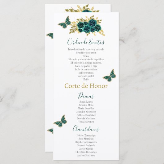 Groen Bloemen Quinceañera Programmakaart (Voorkant / Achterkant)