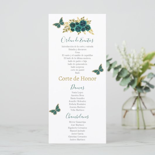 Groen Bloemen Quinceañera Programmakaart (Staand voorkant)
