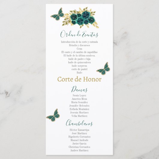 Groen Bloemen Quinceañera Programmakaart (Voorkant)