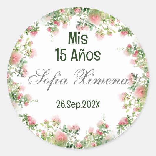 Groen Bloemen Quinceañera Uitnodiging Ronde Sticker (Voorkant)