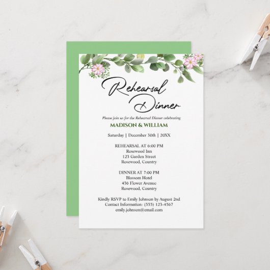 Groen Bloemen repetitie diner uitnodiging (Voorkant / Achterkant in situ)