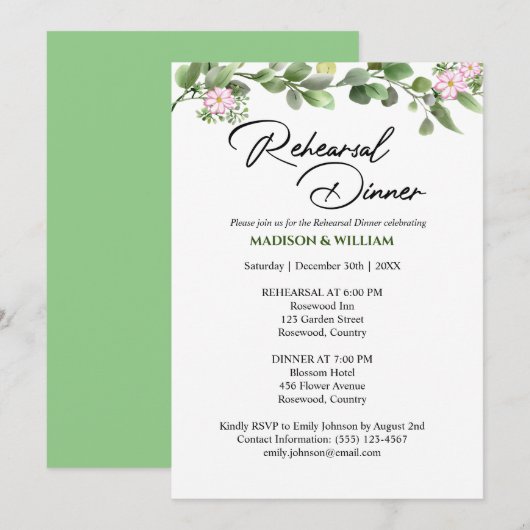 Groen Bloemen repetitie diner uitnodiging (Voorkant / Achterkant)