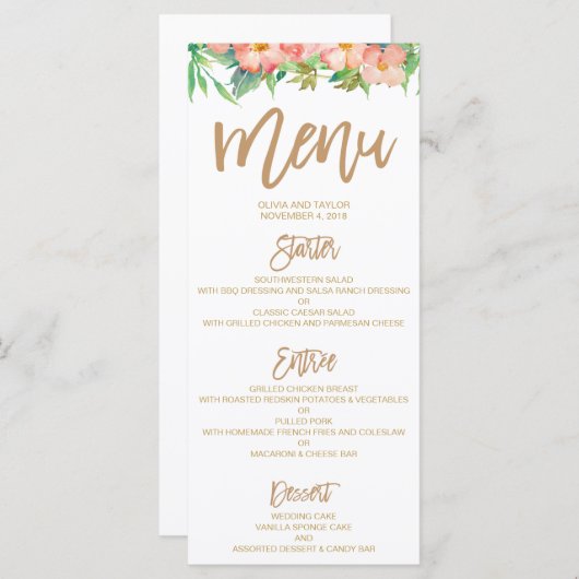 Groen & Bloemen Roze & Goud Trouwdiner Menu (Voorkant / Achterkant)