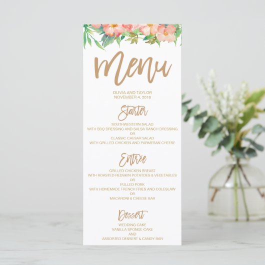 Groen & Bloemen Roze & Goud Trouwdiner Menu (Staand voorkant)