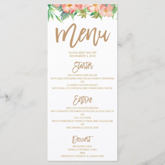 Groen & Bloemen Roze & Goud Trouwdiner Menu (Voorkant)
