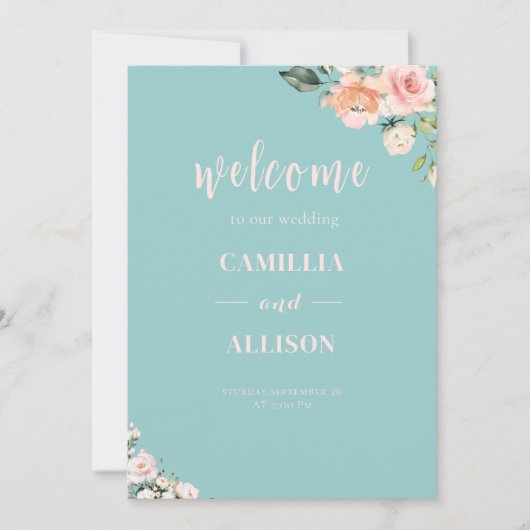 Groen Bloemen Roze Huwelijk Welkom Teken Kaart (Voorkant)