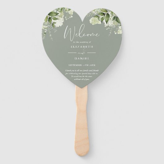 Groen Bloemen Salie Groen Huwelijksprogramma Hart Handwaaier (Voorkant)