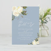 Groen Bloemen Stoffig Blauw bruiloft uitnodiging (Staand voorkant)
