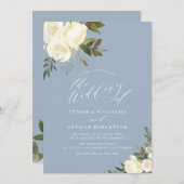 Groen Bloemen Stoffig Blauw bruiloft uitnodiging (Voorkant / Achterkant)
