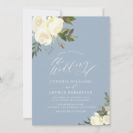 Groen Bloemen Stoffig Blauw bruiloft uitnodiging
