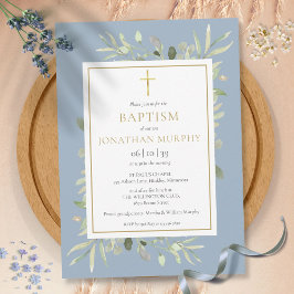 Groen Bloemen Stoffig Blauw Jongen Doop Kaart