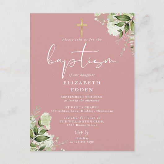 Groen Bloemen Stoffig Roos Roze Doop Uitnodiging (Voorkant)