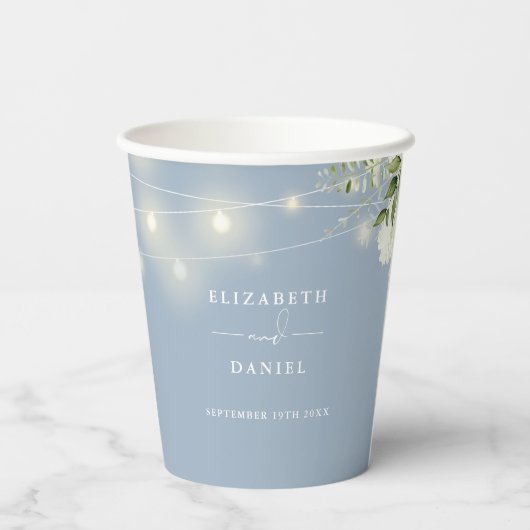 Groen Bloemen String Lights Stoffig Blauw Bruiloft Papieren Bekers (Achterkant)