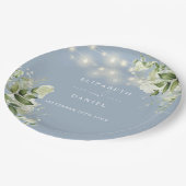 Groen Bloemen String Lights Stoffig Blauw Bruiloft Papieren Bordje (Gekanteld)