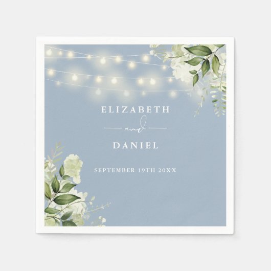 Groen Bloemen String Lights Stoffig Blauw Bruiloft Servet (Voorkant)