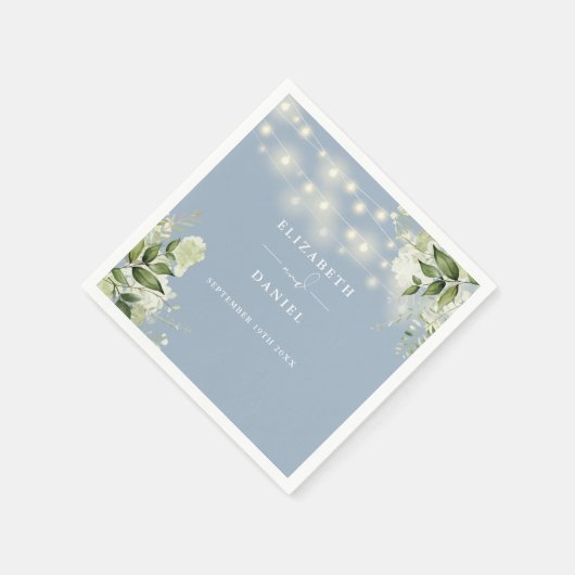 Groen Bloemen String Lights Stoffig Blauw Bruiloft Servet (Hoek)