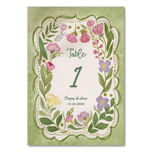 Groen Bloemen Tafel Nummer Sjabloon, Hand getekend Kaart (Voorkant)