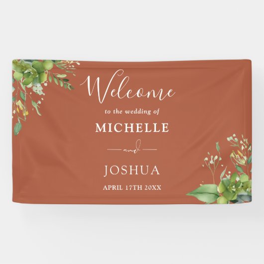 Groen Bloemen Terracotta bruiloft Welkom Spandoek (Horizontaal)