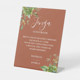 Groen Bloemen Terracotta Jenga bruiloft gastenboek Reclamebord Met Voetstuk