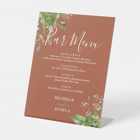 Groen Bloemen Terracotta Wedding Bar Menu Reclamebord Met Voetstuk (Voorkant)