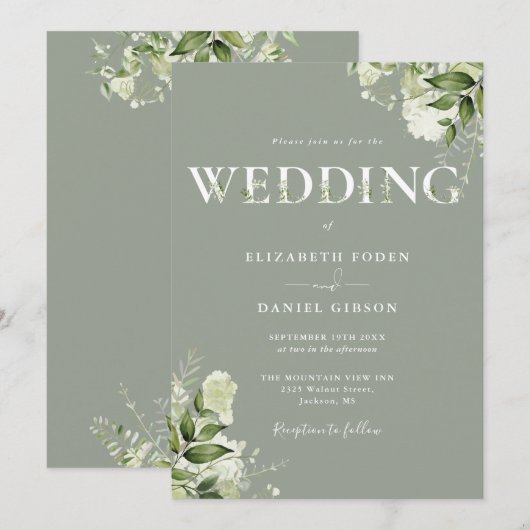 Groen Bloemen Typografie Sage Green Wedding Kaart (Voorkant / Achterkant)