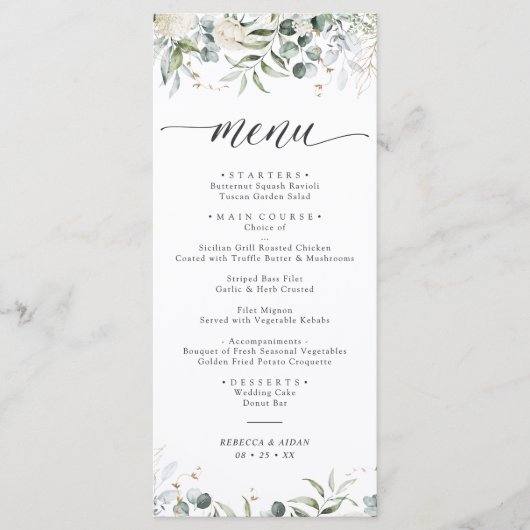 Groen Bloemen Waterverf bruiloft Menu (Voorkant)