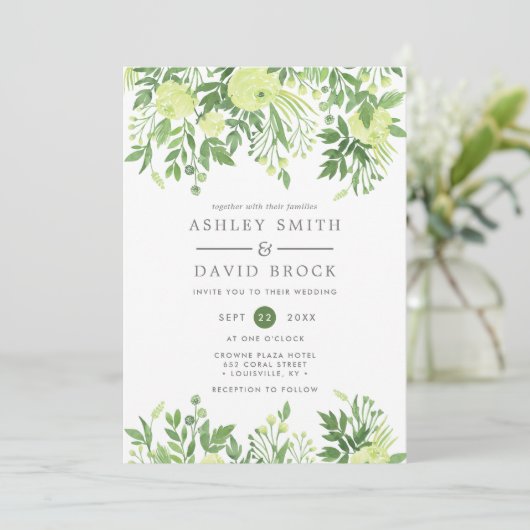 Groen Bloemen Waterverf Tuin bruiloft Kaart (Staand voorkant)