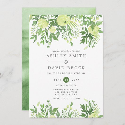 Groen Bloemen Waterverf Tuin bruiloft Kaart (Voorkant / Achterkant)