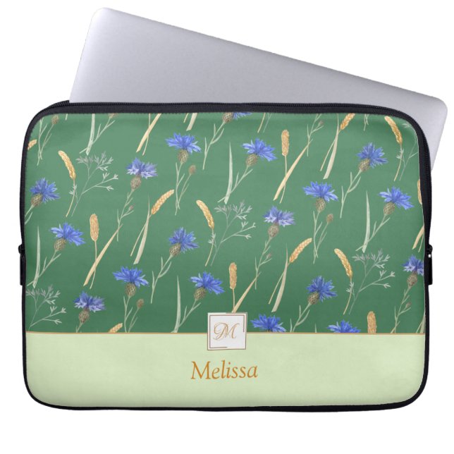 Groen Bloemen Wildbloem Monogram Laptop Sleeve (Voorkant)