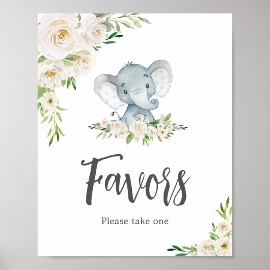 Groen Bloemen Witte Olifant Baby shower Favors Poster (Voorkant)