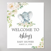 Groen Bloemen Witte Olifant Baby shower Welkom Poster (Voorkant)
