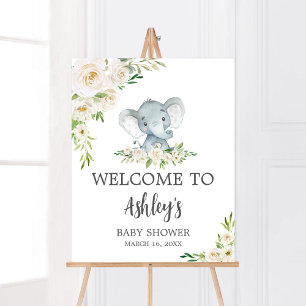 Groen Bloemen Witte Olifant Baby shower Welkom Poster