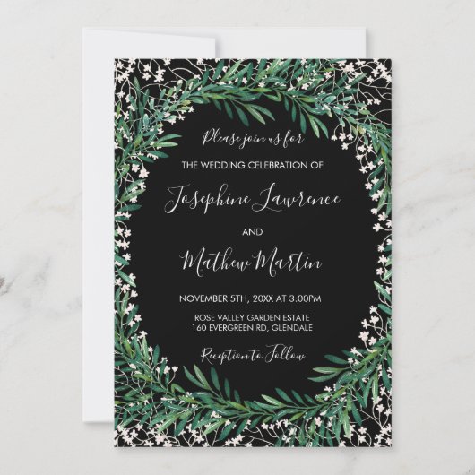 Groen & Bloemen Zwart Bruiloft Uitnodigingen (Voorkant)