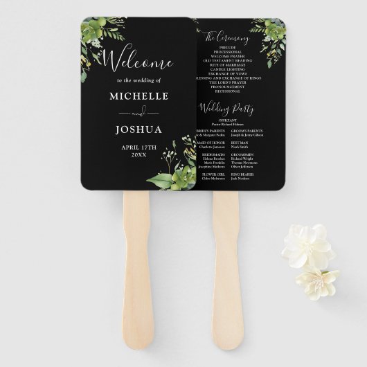 Groen Bloemen Zwart en Wit Trouwprogramma Handwaaier (Voorkant en achterkant)