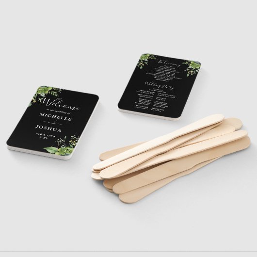 Groen Bloemen Zwart en Wit Trouwprogramma Handwaaier (Niet-gemonteerd)