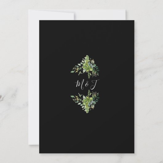 Groen Bloemen Zwart-wit Monogram Bruiloft Kaart (Achterkant)