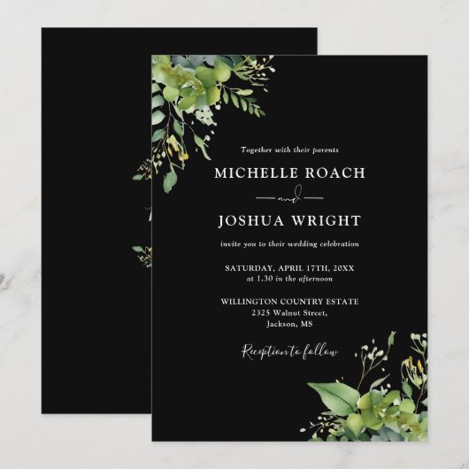Groen Bloemen Zwart-wit Monogram Bruiloft Kaart (Voorkant / Achterkant)