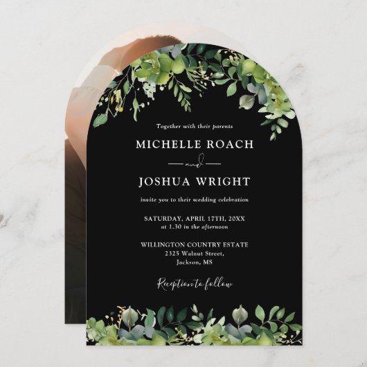 Groen Bloemenboog Zwart-wit foto bruiloft Kaart (Voorkant / Achterkant)