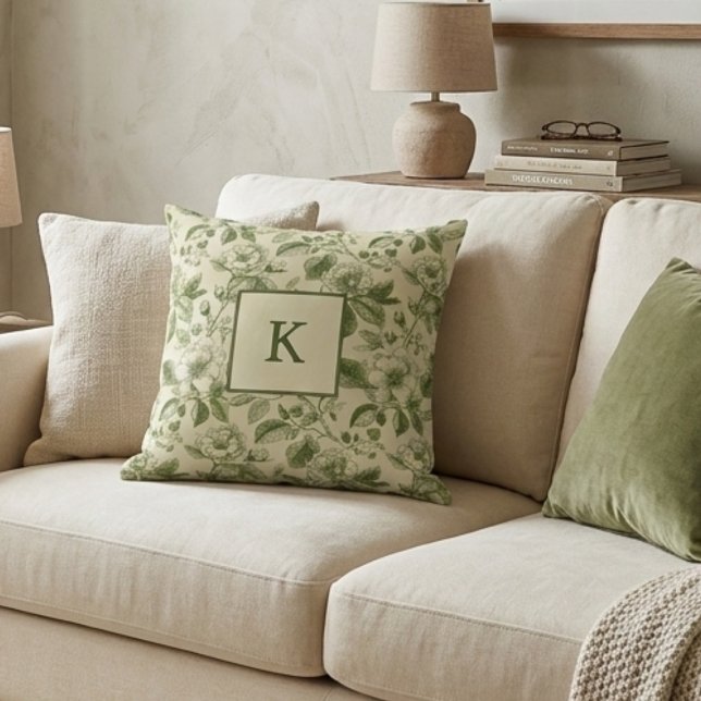Groen Bloemend Monogram Vintage Botanisch Kussen (Creator heeft geüpload)
