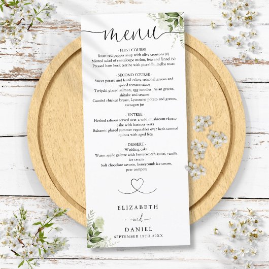 Groen Bloemenhart Script Bruiloft Diner Menu