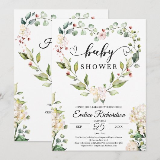 Groen bloemenhartkrans witte rozen baby kaart (Voorkant / Achterkant)