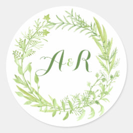 groen bloemenkrans monogram bruiloft ronde sticker